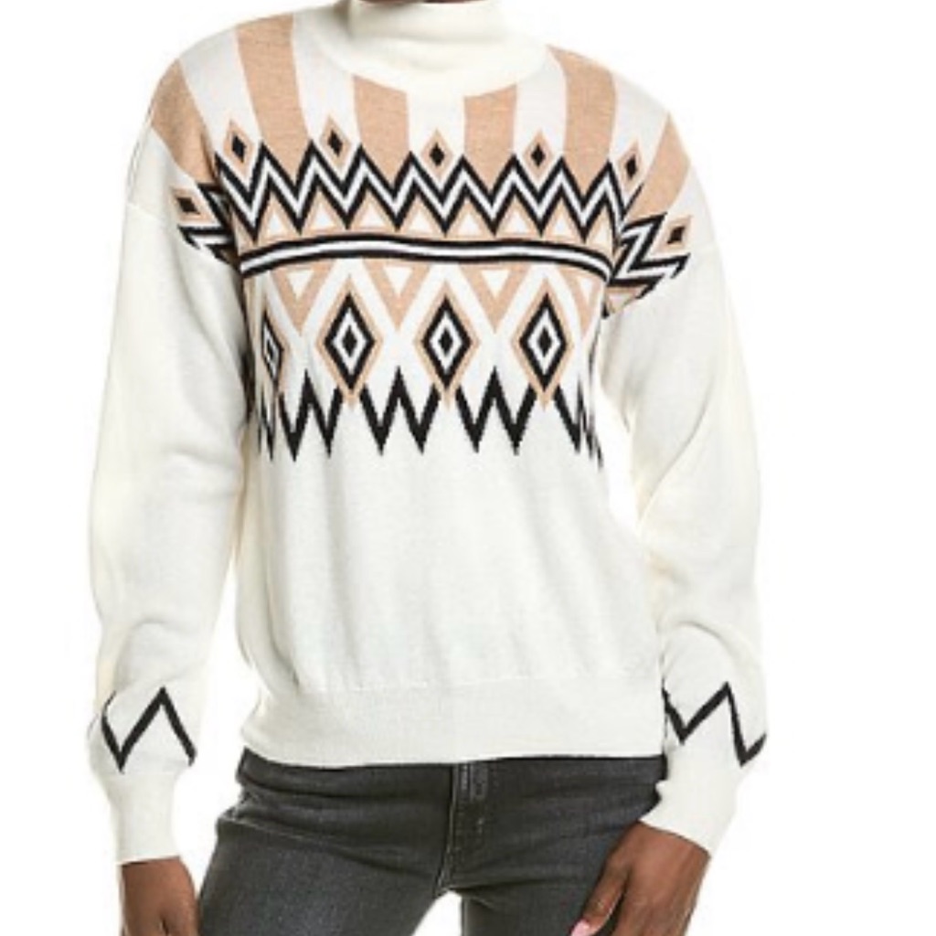 Brodie Cashmere Cream And Tan Patterned Turtleneck Sweater Fair Isle